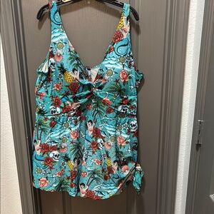 Tattoo Print Asymmetrical Swimdress Multicolor